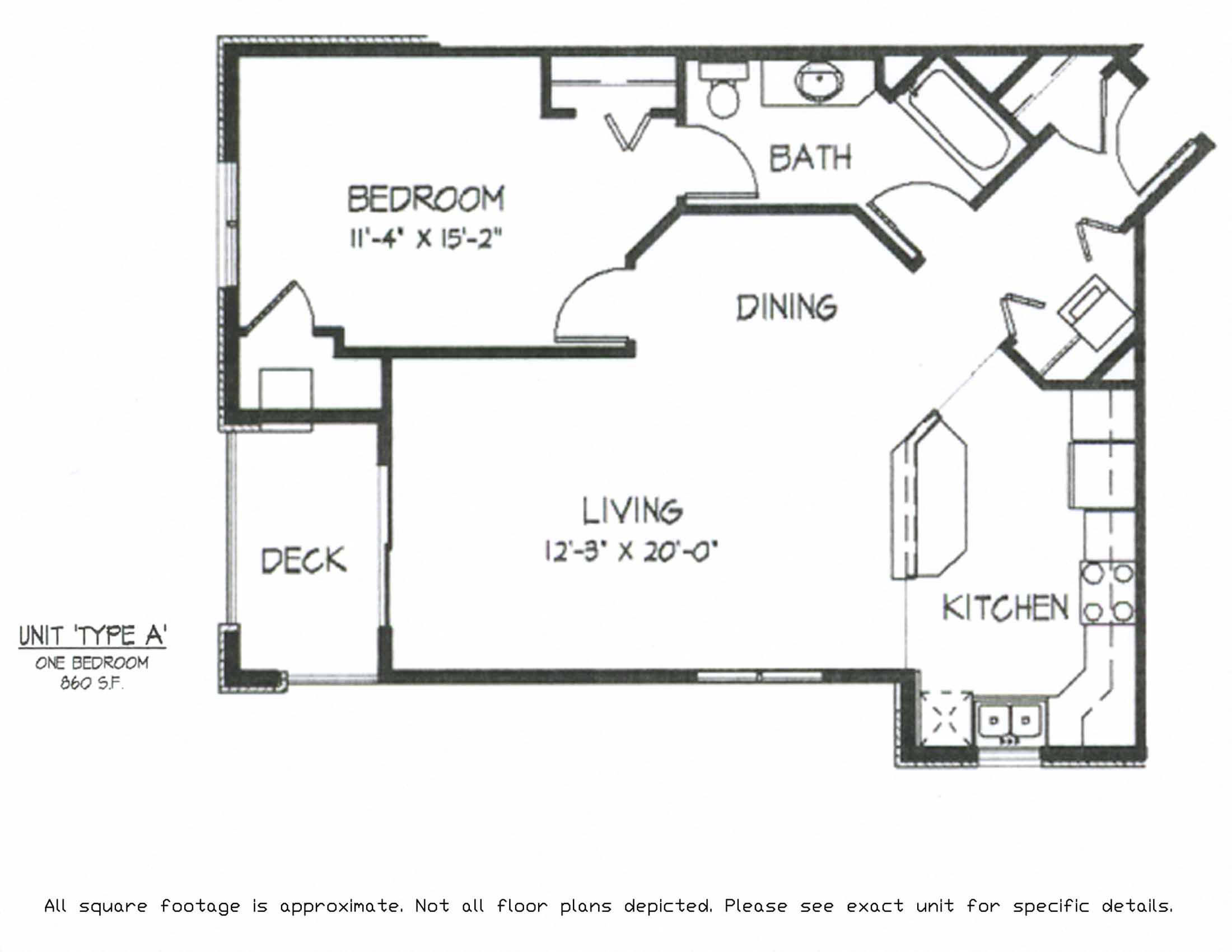 Floor plan for 1 bed, 1 bath, 860 sqft